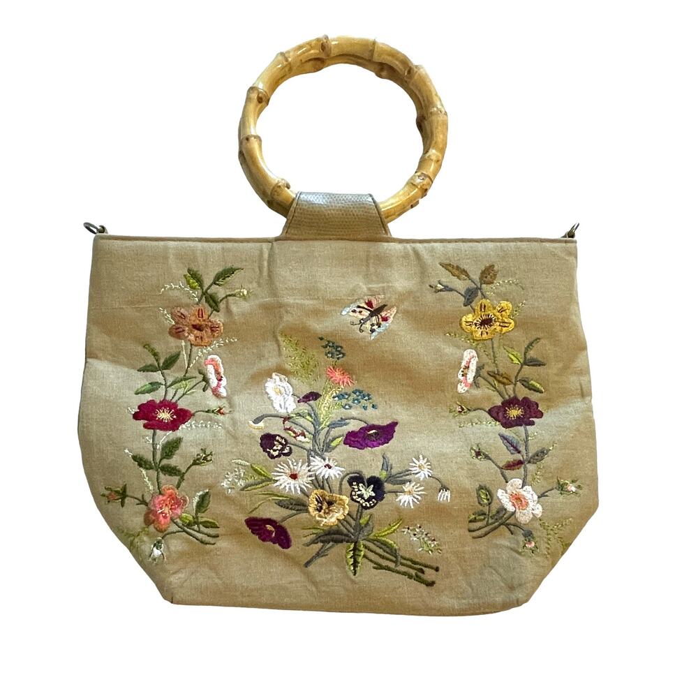 Bueno Tan Embroidered Floral Bag Womens Purse Bamboo Handles Boho Khaki